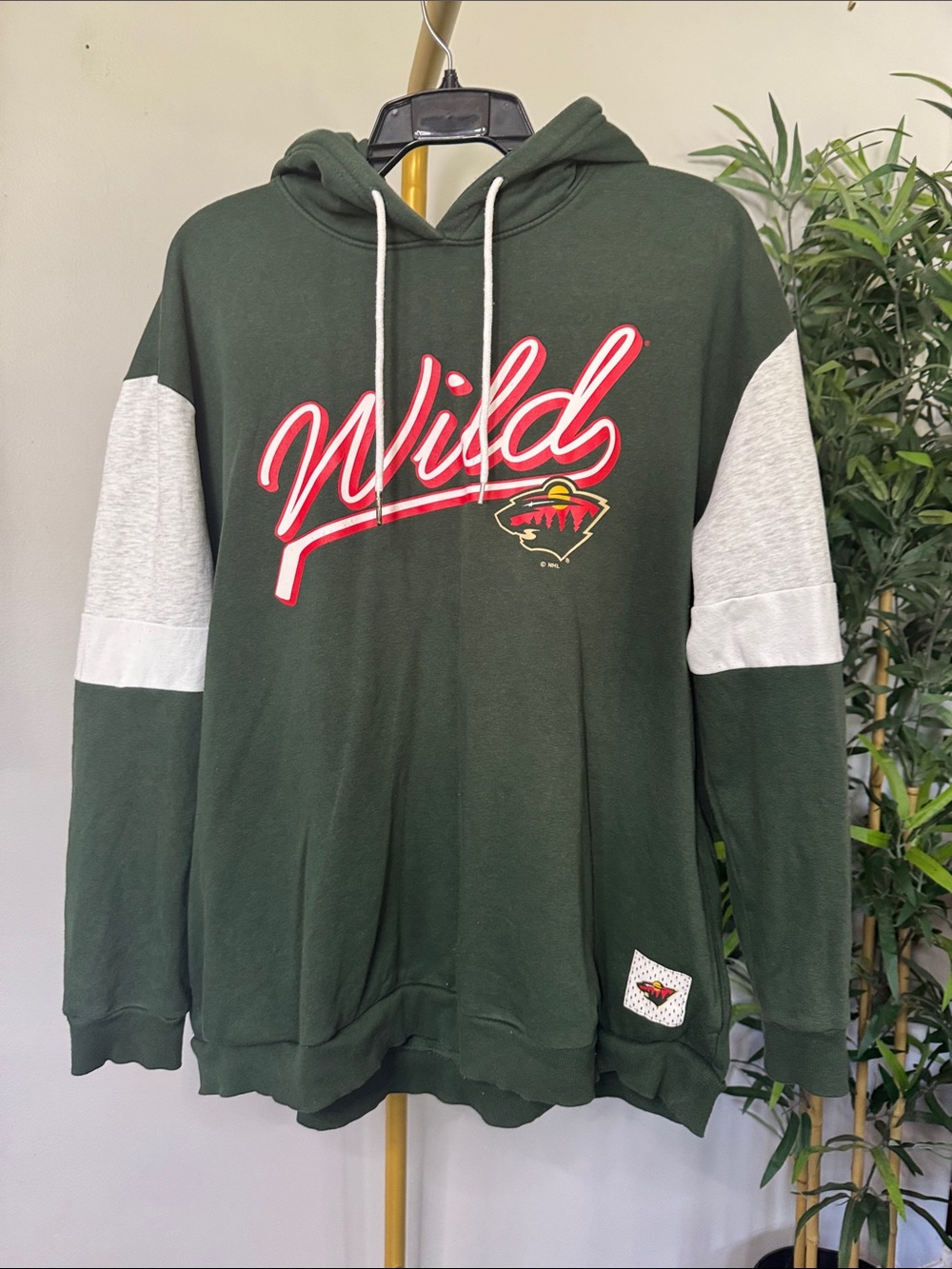 NHL Minnesota Green Wild Script Pullover Hoodie with Gray Sleeves